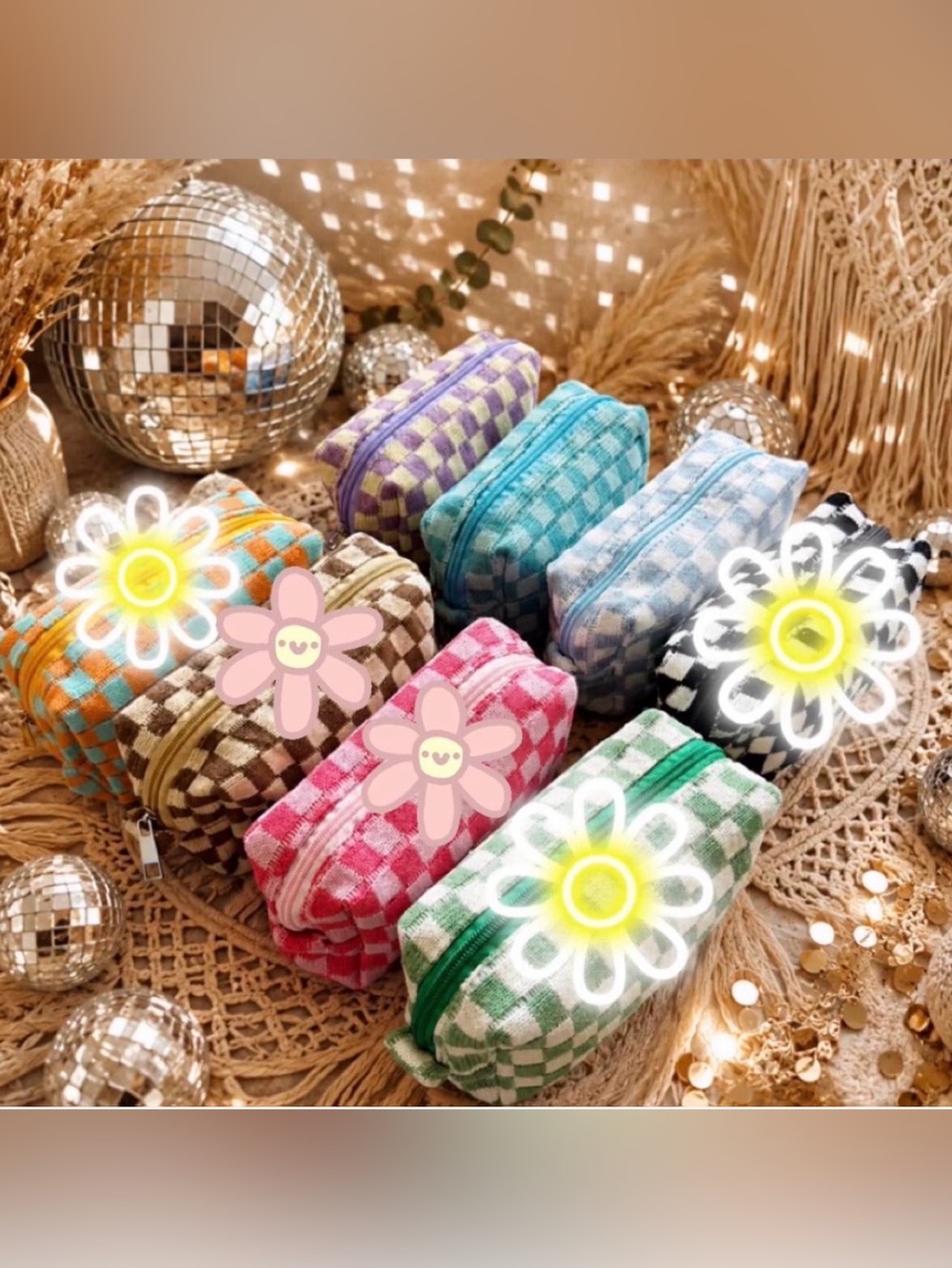 Retro Checkerboard Terry Cloth Makeup Bag | Cosmetic Pouch | Boho Travel
